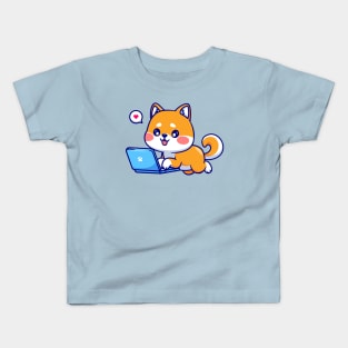 Cute Shiba Inu Dog Working On Laptop Cartoon Kids T-Shirt